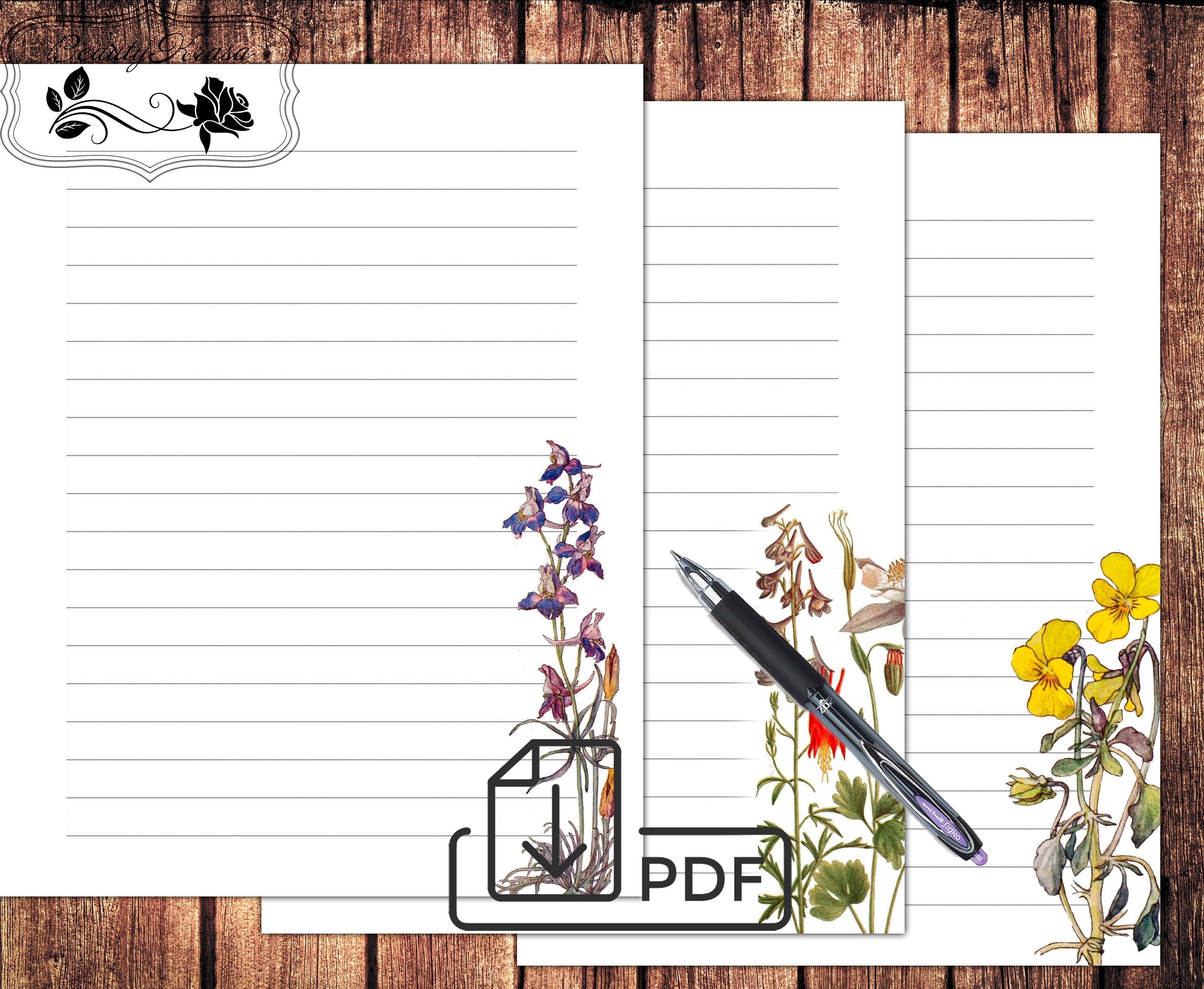 Stationery Set,printable Botanical Letter Writing Paper,lined Unlined