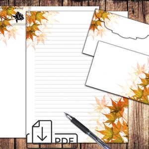Juego de escritura de cartas estacionarias, papel de hojas de otoño, descarga de papel estacionario botánico sin forrar papel y sobre