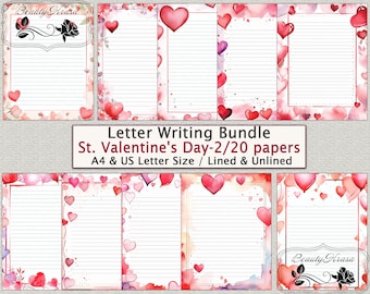 Lot de lettres, Saint-Valentin - 2 articles de papeterie PDF, non ligné, 20 feuilles