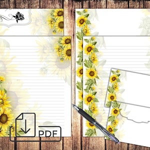 Juego estacionario SUNFLOWER, papel de escritura de carta imprimible, papel forrado sin forrar y girasoles de sobre