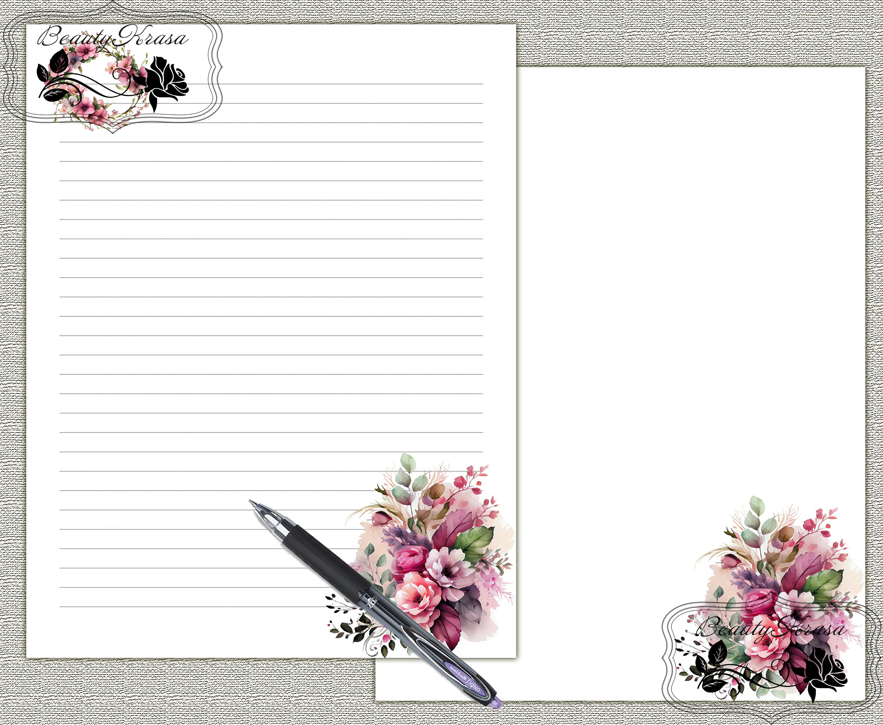 Letter Writing Bundle,printable Pdf Stationery Set Pink Flower,unlined ...