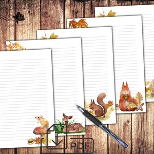 Juego de escritura de cartas de animales del bosque forrado estacionario, conjunto imprimible digital de otoño