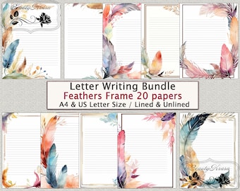 Letter Writing Bundle, Feathers Frame Digital Stationery set,unlined lined 20 papers