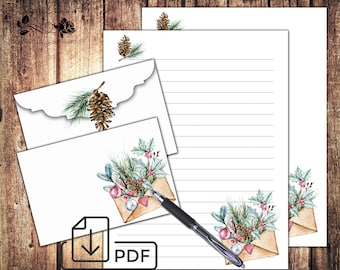 Printable Christmas Stationary digital set,letter writing lined paper&envelope