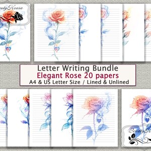 Paquete de escritura de cartas, elegante juego de papelería digital en formato PDF con rosas, 20 hojas rayadas sin líneas