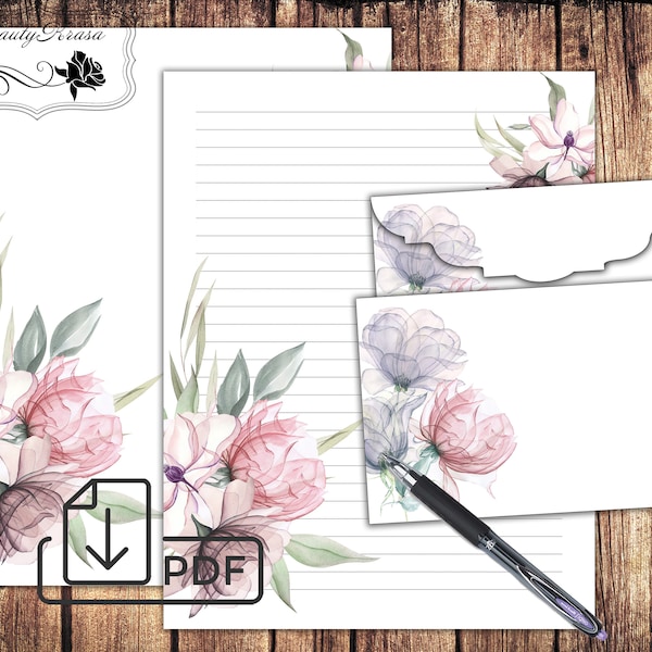 Floral bouquet Printable Stationery,Letter Writing set watercolor flowers,Paper&Envelope