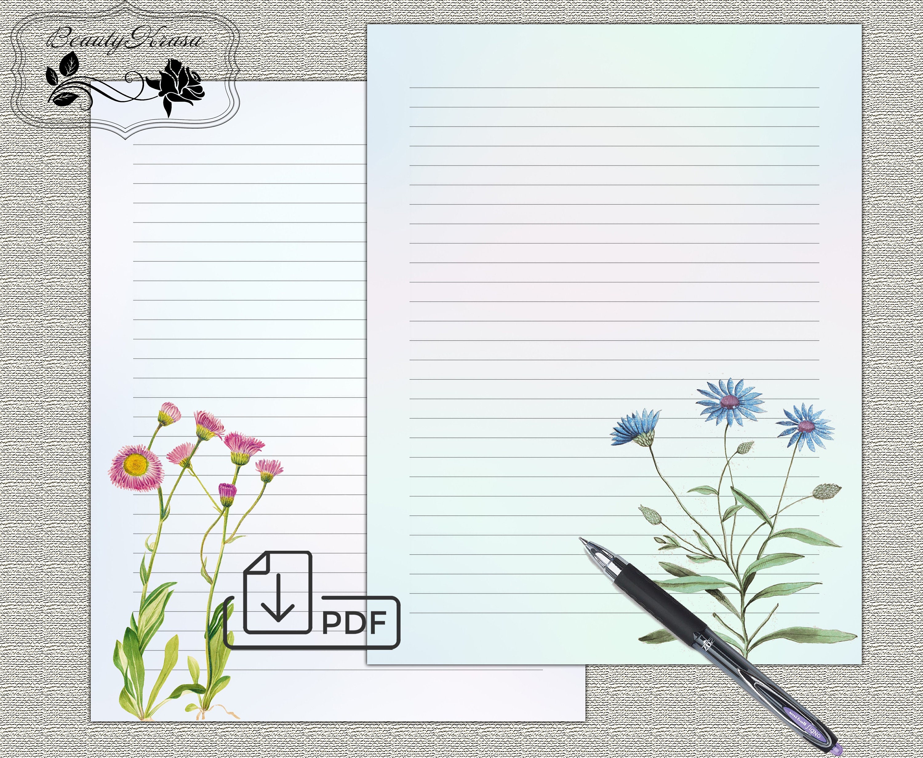 Assorted Wild Flowers lined letter writing paper / 20 sheets in
