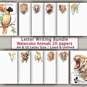 Pacote de cartas, conjunto de papelaria, animais em aquarela, papelaria para impressão, 20 papéis pautados sem linhas