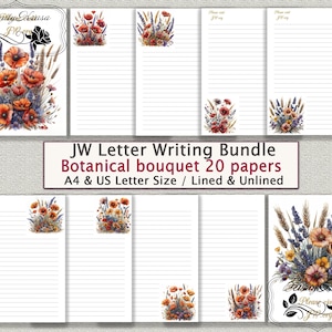 Pacote de cartas JW, conjunto de papelaria para escrever, papelaria para impressão, buquê botânico, sem linhas, 20 papéis