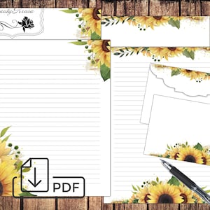Juego estacionario SUNFLOWER, papel de escritura de carta imprimible, papel forrado sin forrar y girasoles de sobre