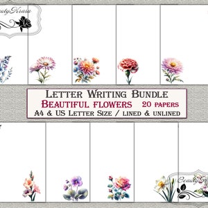 Pacote de escrita de cartas, lindas flores, papelaria em PDF, forrado sem forro, 20 papéis