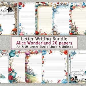 Brievenbundel, Alice in Wonderland PDF-briefpapier, ongevoerd, gelinieerd, 20 papieren