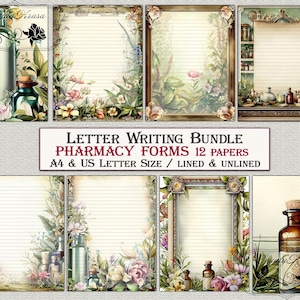 Letter Writing Bundle,Printable pdf Stationery set Pharmacy,unlined lined 12 papers