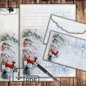 Conjunto digital estacionario navideño vintage imprimible, papel y sobre forrados para escribir cartas