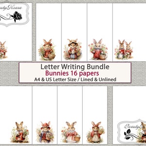 May include: A set of 16 printable letter writing papers featuring adorable bunny illustrations. The papers are available in both lined and unlined options, in A4 and US Letter sizes. The papers are perfect for writing letters, notes, or journaling.