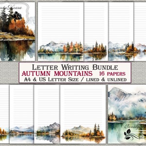 Letter Bundle writing Stationery set,Printable stationary pdf Autumn Mountains,unlined lined 16 papers