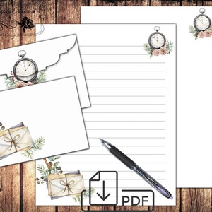 May include: Printable stationery set with a vintage clock and floral design. The set includes a letterhead and two envelopes. The letterhead has lined paper for writing letters. The envelopes are decorated with a clock and floral design.