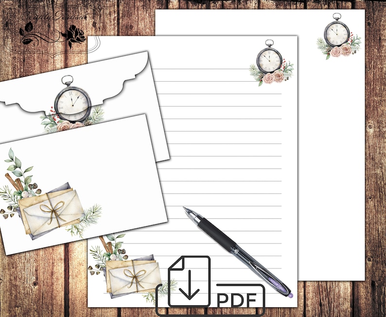 May include: Printable stationery set with a vintage clock and floral design. The set includes a letterhead and two envelopes. The letterhead has lined paper for writing letters. The envelopes are decorated with a clock and floral design.