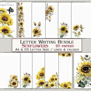 Letter Bundle writing Stationery set,Printable stationary download Sunflowers,unlined lined 20 papers