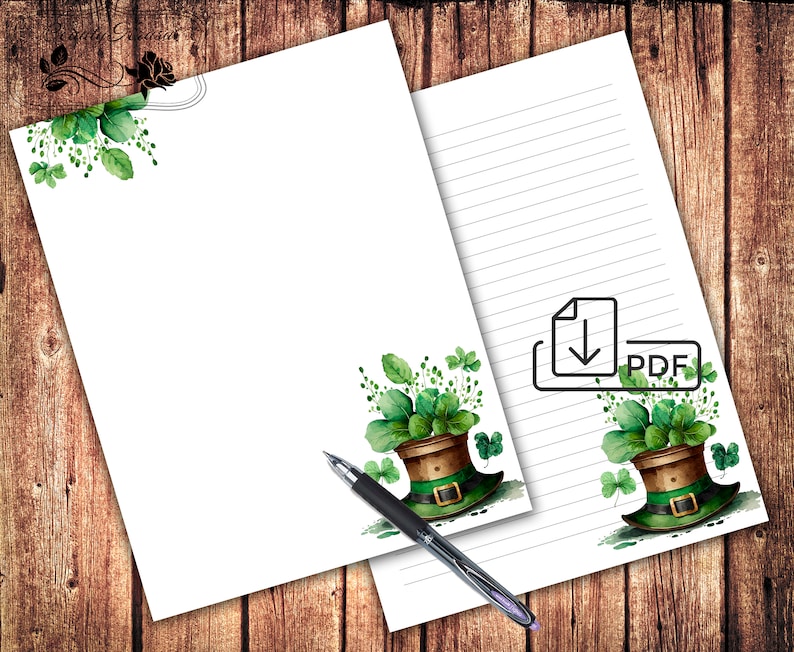 May include: Printable stationery featuring a green leprechaun hat with shamrocks and green leaves. The paper has lined writing space and a blank space for a name or title.
