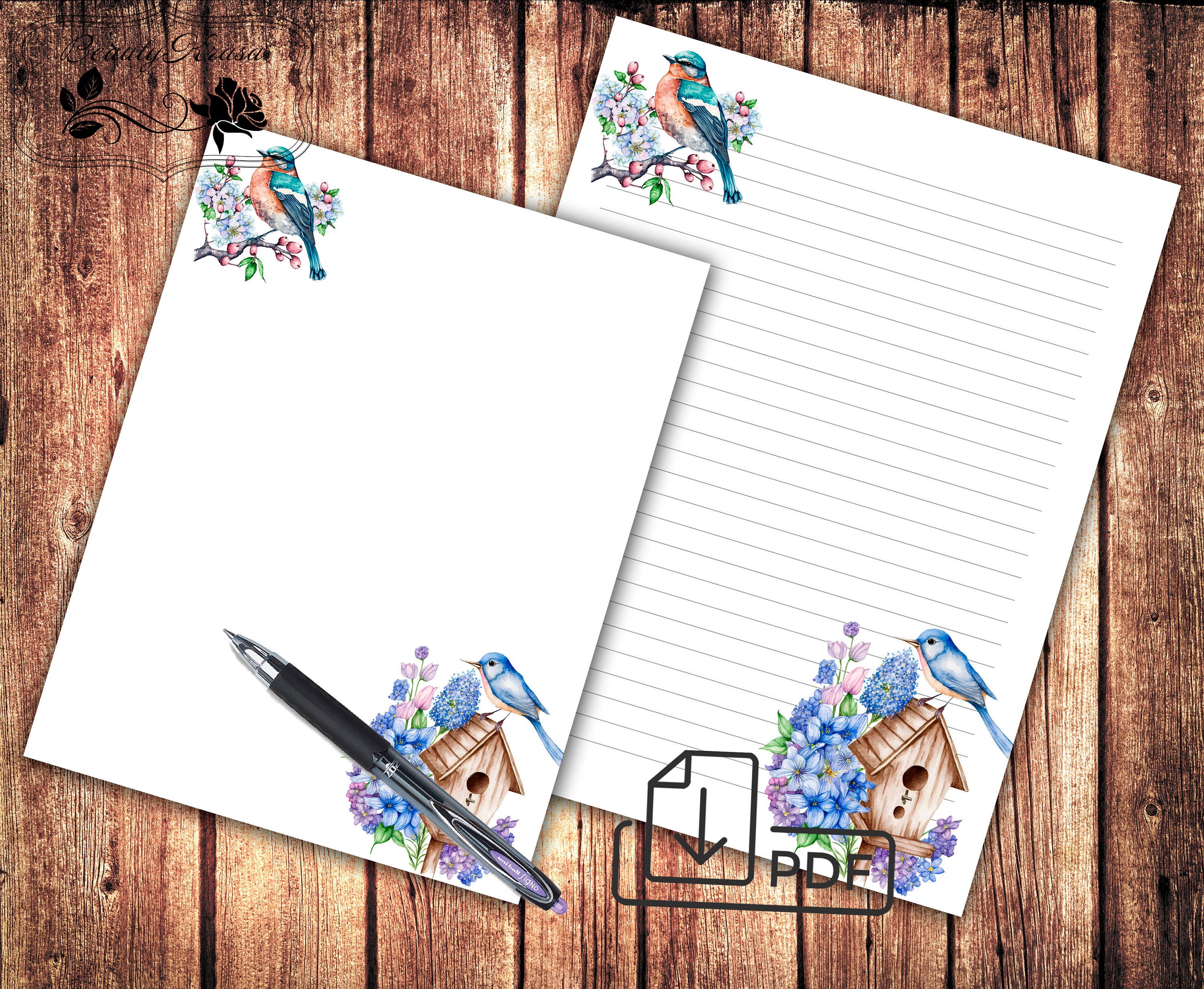 Birds-2 Stationery Letter Writing Set,printable Letters,unlined Lined ...