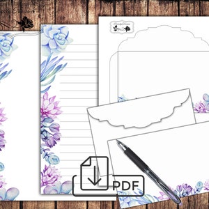 Papel para escrever cartas, conjunto de papelaria suculenta, papéis botânicos imprimíveis e envelope