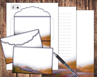 Printable Letter Writing paper,stationery set Mountain landscape,lined unlined paper&envelope