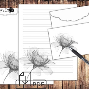 Juego estacionario, papel de escritura de cartas imprimible y sobre Rosa monocromo-2