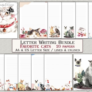 Letter Bundle writing Stationery set,Printable stationary download Favorite cats,unlined lined 20 papers