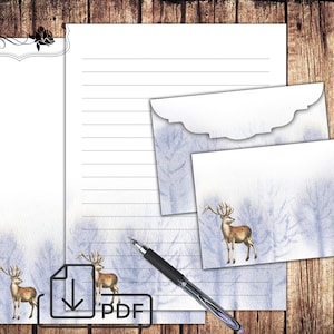 Imprimible Juego digital estacionario Bosque de invierno, papel de escritura de cartas y sobre