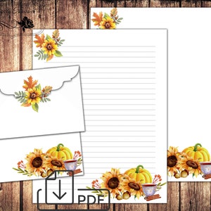 Conjunto de escritura de cartas Otoño acogedor, girasol estacionario imprimible, plantilla de sobres de otoño
