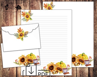 Letter writing set Cozy Autumn,printable stationary sunflower,Autumn envelopes template