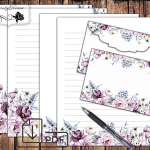 Stationary set,printable Floral letter writing paper&envelope Floral decor