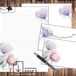 Papelería imprimible floral, juego de escritura de cartas, flores de acuarela, papel y sobre