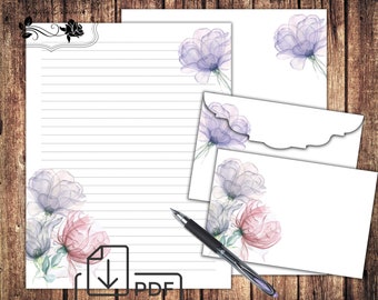 Floral Printable Stationery,Letter Writing set watercolor flowers,Paper&Envelope