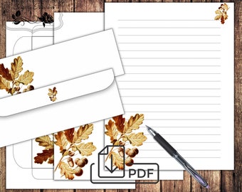 Printable stationery,Letter writing set vintage Oak Leaf,paper&envelope