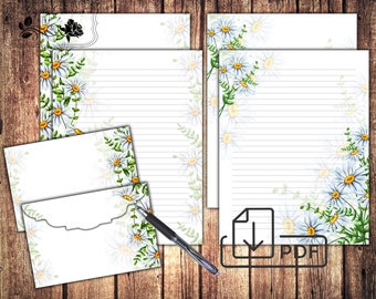 Stationary set Daisies,printable letter writing paper,unlined lined paper&Envelope Daisies