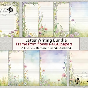 Brief-Bundle schreiben Briefpapier-Set, druckbarer stationärer pdf-Rahmen aus Blumen-4, unliniert liniert 20 Papieren
