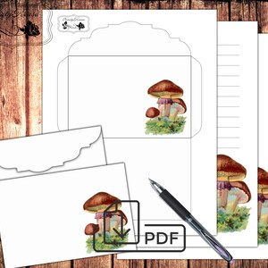 Papel de carta botânica imprimível, conjunto de papelaria cogumelos vintage, notas sem forro e envelope