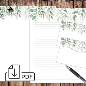Papel de eucalipto de carta botánica imprimible, juego estacionario, papel forrado sin forro y sobre Eucalyptus Greenery border