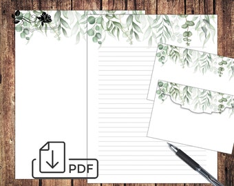 Papel de eucalipto de carta botánica imprimible, juego estacionario, papel forrado sin forro y sobre Eucalyptus Greenery border