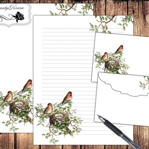 May include: Printable stationery set featuring a floral design with birds and nests. The set includes a letter sheet with lined writing space and an envelope.