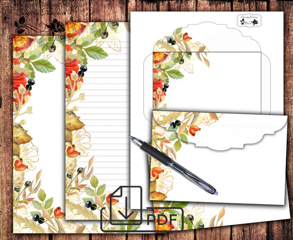 Stationery Botanical Paper,Printable Letter Writing set,Lined Unlined Notes&Envelope