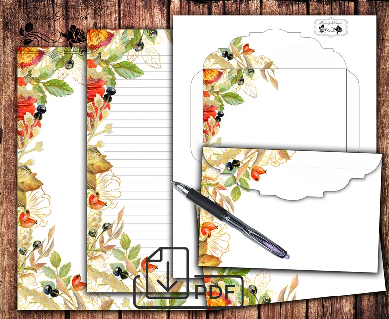 May include: Printable stationery set with a floral design featuring red, orange, and yellow flowers with green leaves and black berries. The set includes a letterhead and envelope with a scalloped edge.