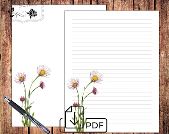 Letter Writing set watercolor flowers,Vintage Wildflowers Printable Stationery,unlined lined paper