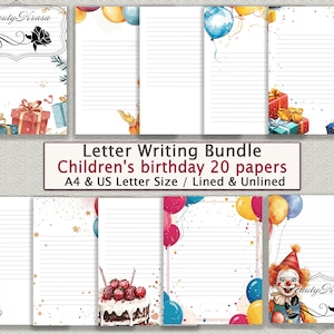 Paquete de escritura de cartas, papelería para cumpleaños de niños en formato PDF, 20 hojas rayadas sin líneas