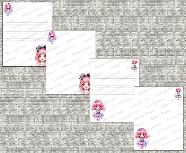 Doll Script Writing Letter Writing Bundle,printable Pdf Stationery Set Cute Dolls,unlined ...