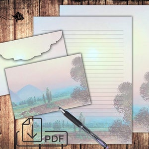 Papel para escrever cartas imprimíveis, conjunto de papelaria de paisagem de montanha, papel e envelope