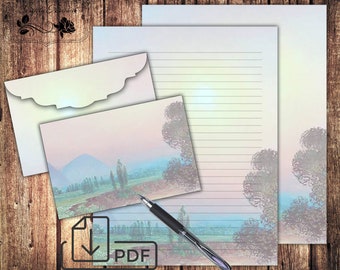 Printable Letter Writing paper,Mountain landscape stationery set,paper&envelope