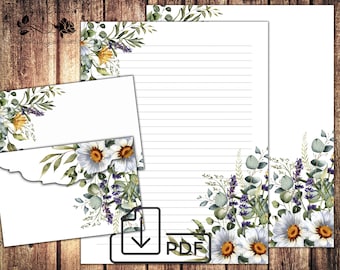 Stationary set Daisies,printable letter writing paper,unlined lined paper&Envelope Daisies